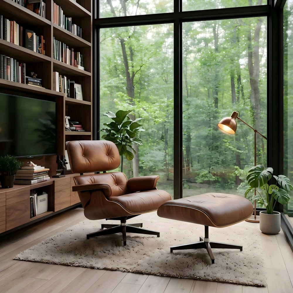 Top Black Grain Leather Mid Century Chaise Lounge Chair and Ottoman, Reading ...