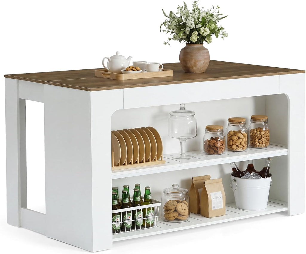 LITTLE TREE 55" Kitchen Island with Storage Shelves | 3-Tier Farmhouse Stationary Island Table with Extra Large Work Surface & Leg Room for Kitchen Dining Room (White and Brown)