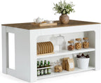 LITTLE TREE 55" Kitchen Island with Storage Shelves | 3-Tier Farmhouse Stationary Island Table with Extra Large Work Surface & Leg Room for Kitchen Dining Room (White and Brown)