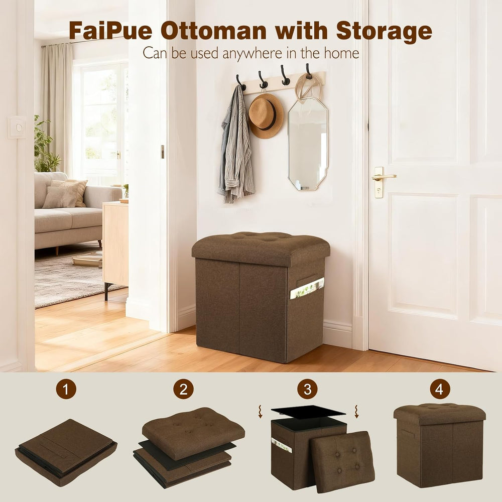 Storage Ottoman Cube, 17" High Folding Linen Foot Rest for Bedroom, Brow...