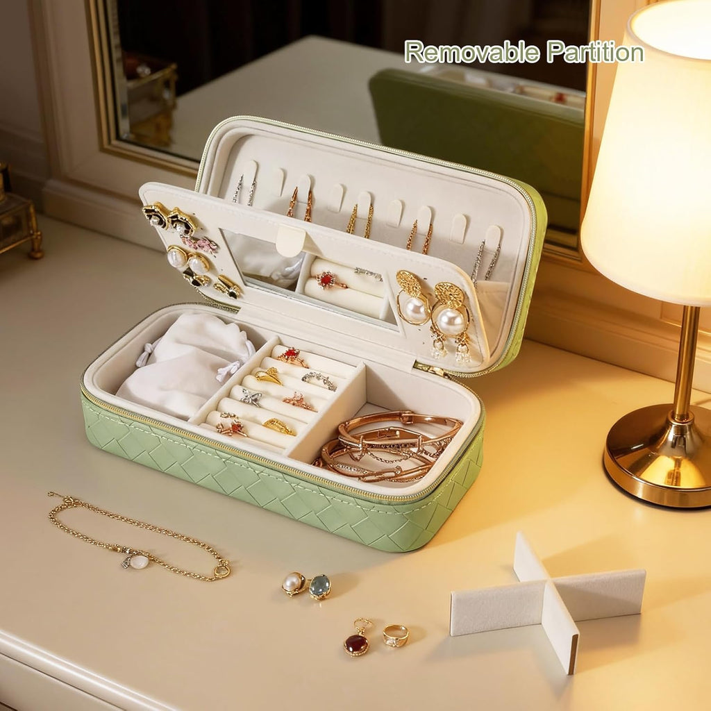 DesignSter Jewelry Organizer, Small Portable Travel Jewelry Storage for Women, Woven Embossed PU Jewelry Case with Mirror for Ring Earring Necklace Bracelet