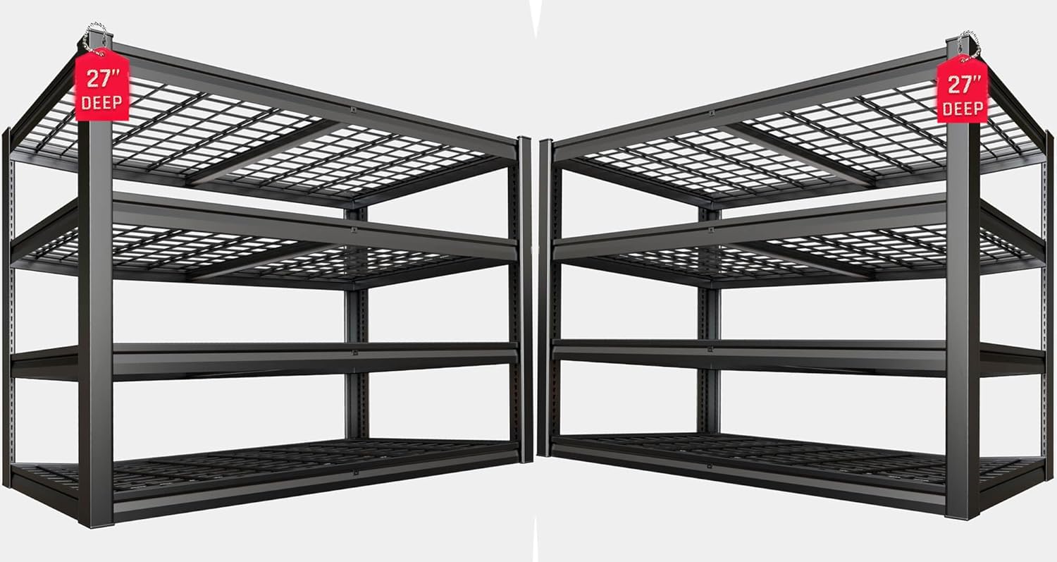 62" Wide Heavy Duty Garage Shelving Units, 27" D 4-Tier Deep Storage Shelves,Black Metal Garage Shelves,Steel Shelf,Large Storage Rack,Industrial Shelving for Shop, 62" W x 27" D x 62" H