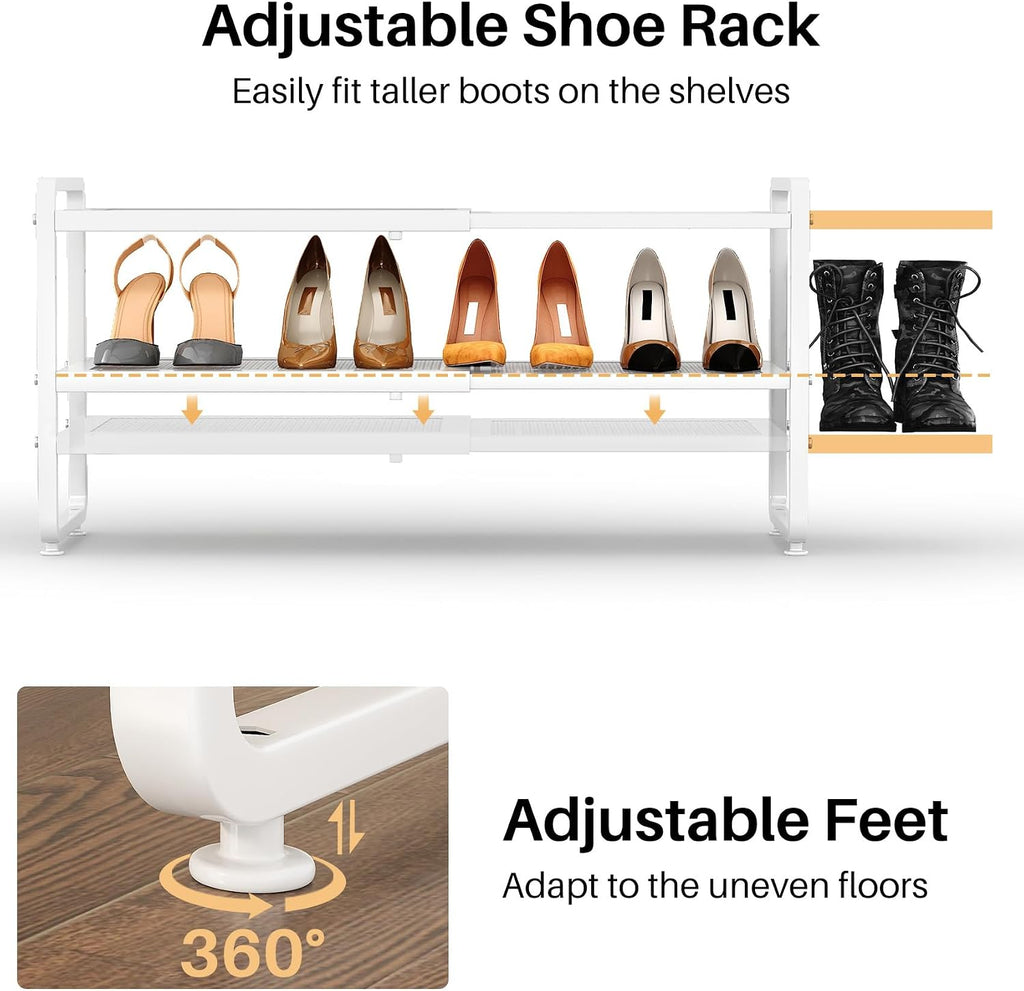 Expandable Metal Shoe Rack for Closet, Entryway & Garage, 2-Tier, White | Adjustable Height for Boots, Stackable Design, Dense Mesh Shelves for Heels, Fits Small Spaces, Apartments and Rentals