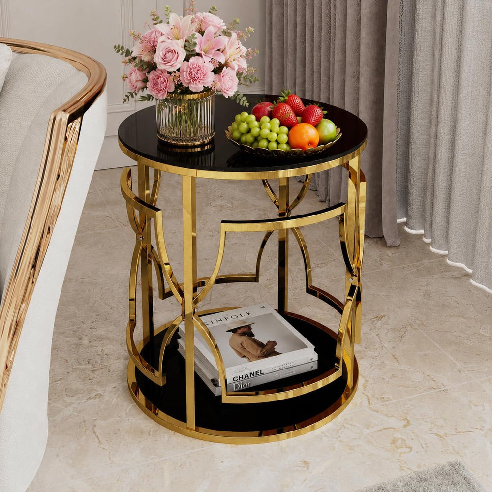 Merax 19.7" Round Gold Metal Side Table with Tempered Glass Top & 2-...
