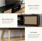 TV Stand for TVs up to 65'', Entertainment Center with Rattan Door, Shelves & 2 Cabinets, Boho Media TV Console for Living Room, Bedroom, Black