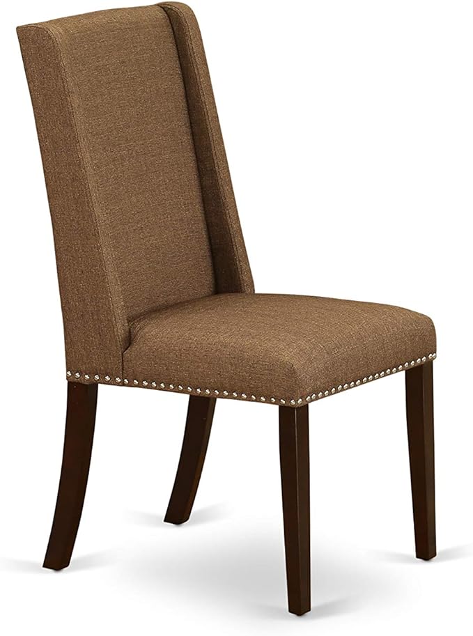 East West Furniture DLFL5-MAH-18 5 Piece Kitchen Table Set for 4 Includes a Round Dining Room Table with Dropleaf and 4 Brown Linen Linen Fabric Parson Dining Chairs, 42x42 Inch, Mahogany
