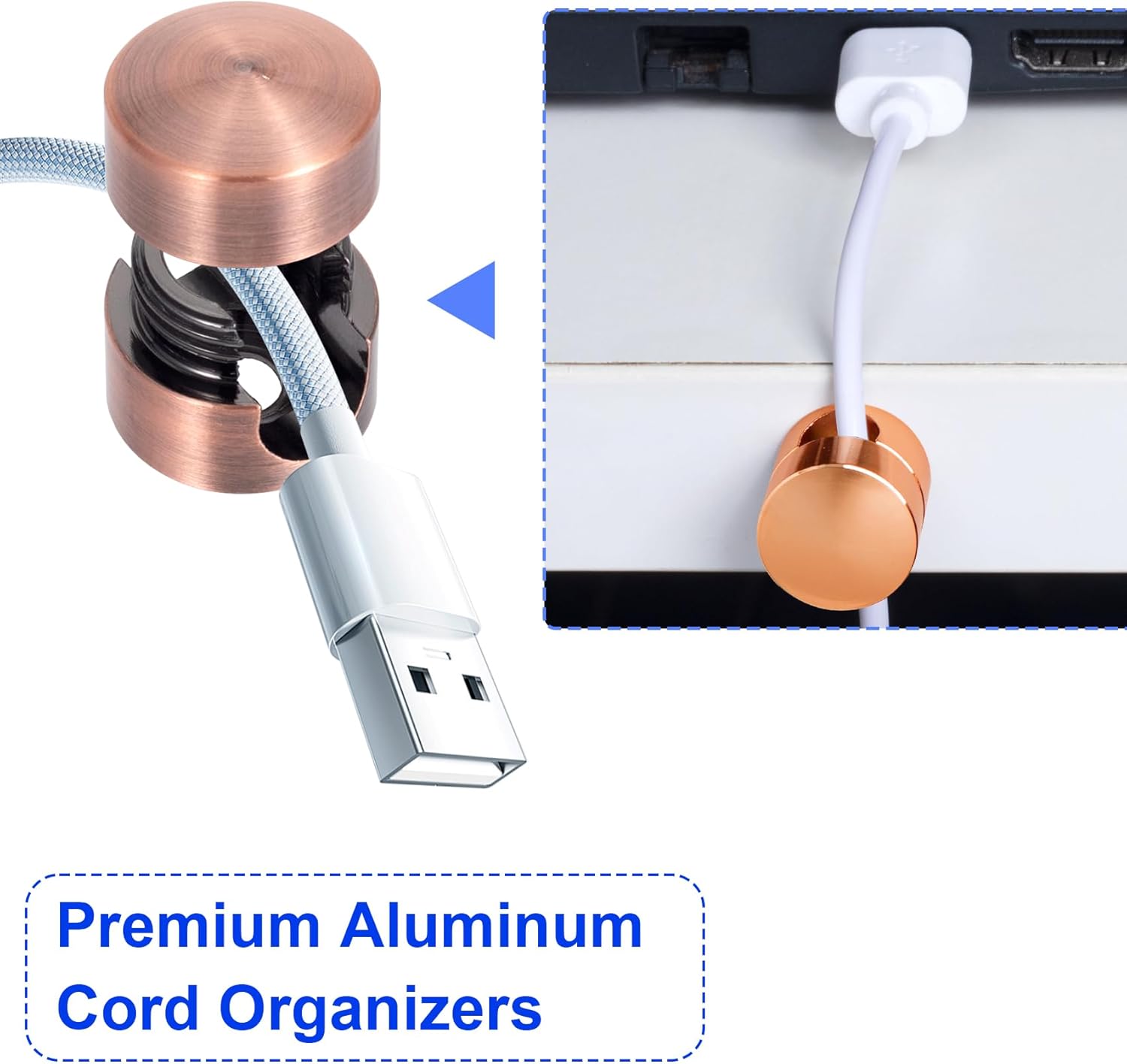 3 Sets Charger Holders for Cords, Adjustable Cable Anchor Holders, Adhesive Metal Cord Clips, Cable Management Wire Organizers for Desk, Office, Nightstand - Gold, Red Bronze, Rose Gold