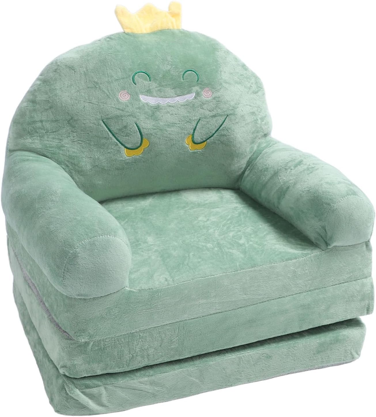 Green Cartoon Dinosaur Folding Chair for Children Sofa Soft Handle Wide Comfortable Support for Reading Playing Fabrics Sponge (Folding in Thirds)