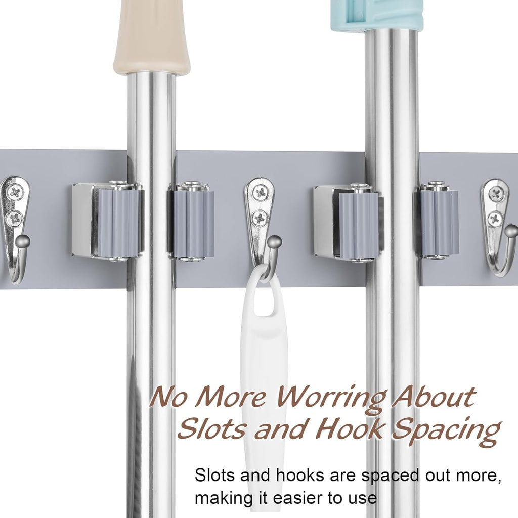 Gray Mop Broom Holder Wall Mount with 4 Slots & 4 Hooks - Wood Broom Mop Hanger for Pantry Closet Laundry Room Organization - Heavy Duty Garden Tool Organizer