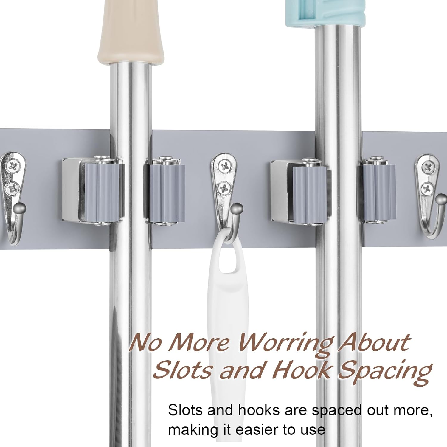 Gray Mop Broom Holder Wall Mount with 4 Slots & 4 Hooks - Wood Broom Mop Hanger for Pantry Closet Laundry Room Organization - Heavy Duty Garden Tool Organizer