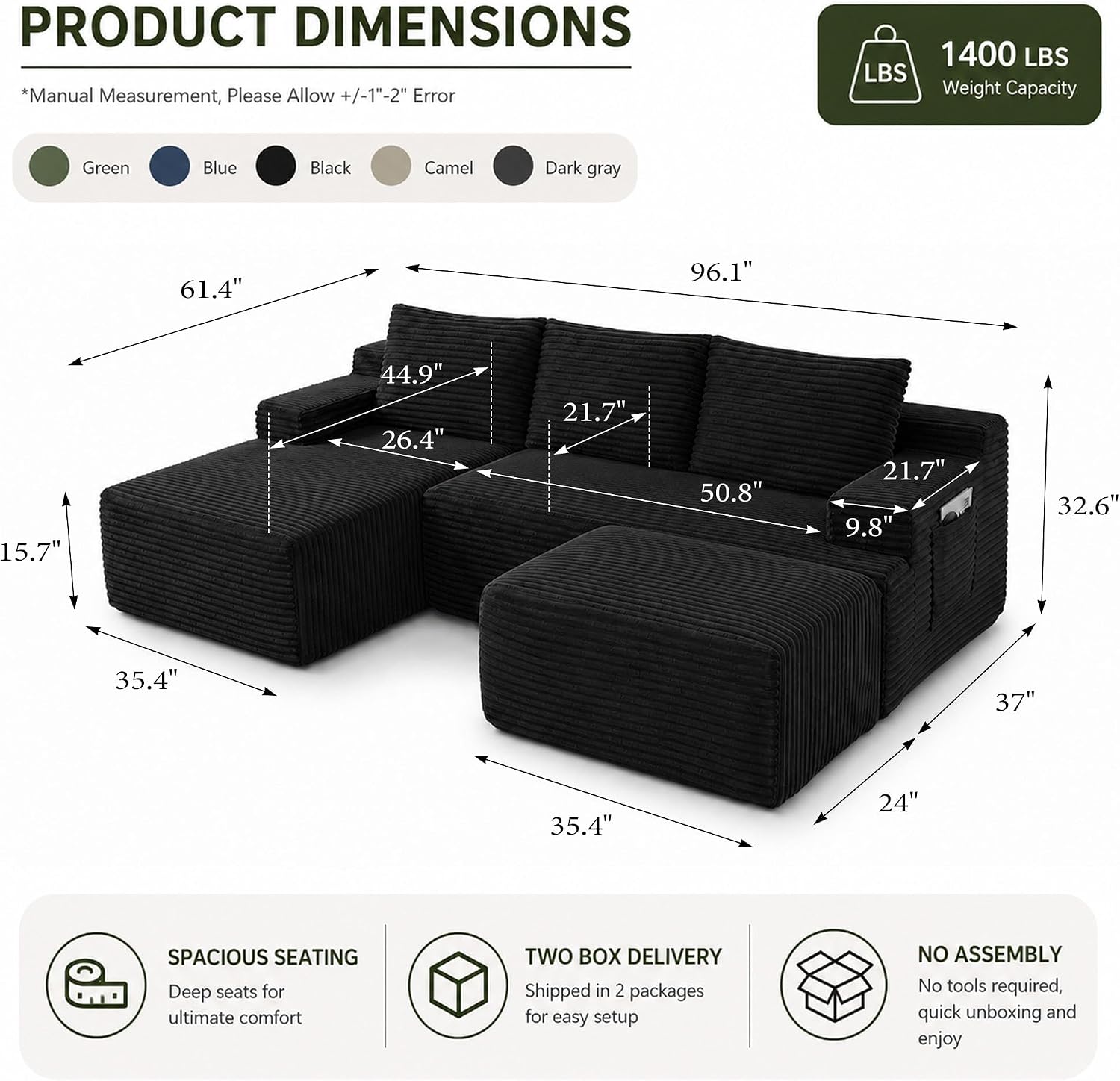 Boneless Couch, Modular Sectional Couches for Living Room, U-Shaped Cloud Couch Sofa with Deep Seat, Fluffy Corduroy Upholstered Corner Sofa