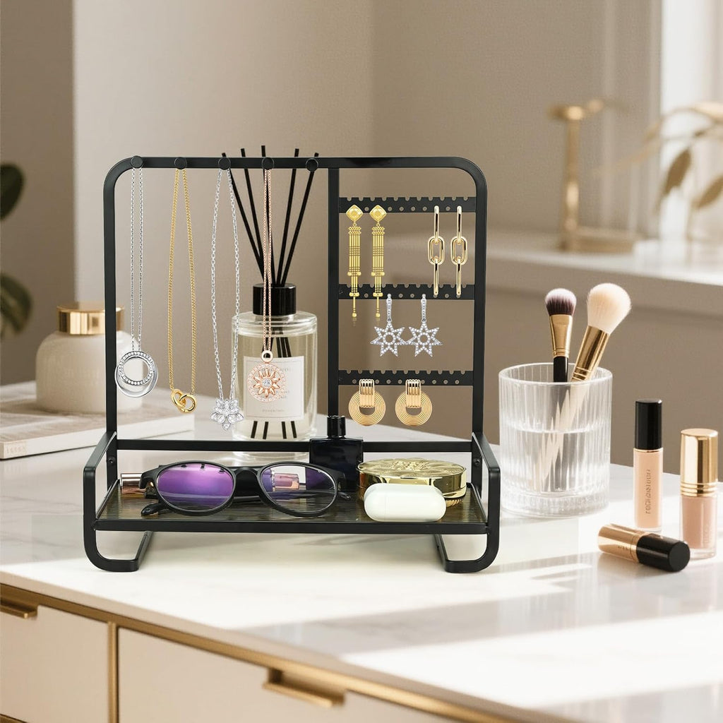 Jewelry Holder, Jewelry Organizer Display Holder with Metal Frame, Jewlery Stand with Metal Frame and Wooden Base, Display With Storage Bottom Plate for Earrings for Necklace Bracelet Earring Ring