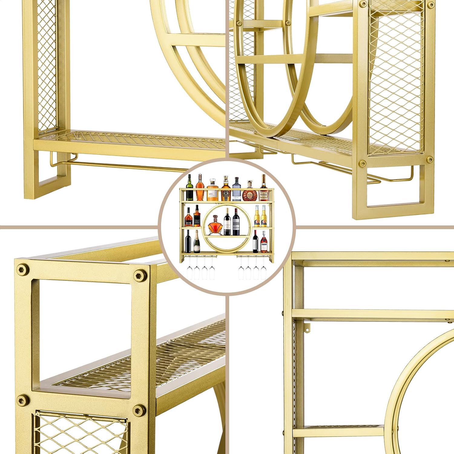 39in Wine Rack Wall Mounted, 3-Tier Metal Bar Shelves with Glass Holder | Modern Floating Bar Liquor Bottle Display Shelf Wall Mounted for Home Bar Kitchen Dining Room (Gold, 39in/100cm)