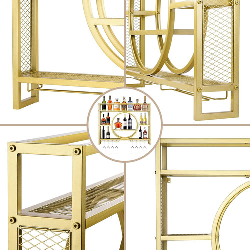 39in Wine Rack Wall Mounted, 3-Tier Metal Bar Shelves with Glass Holder | Modern Floating Bar Liquor Bottle Display Shelf Wall Mounted for Home Bar Kitchen Dining Room (Gold, 39in/100cm)