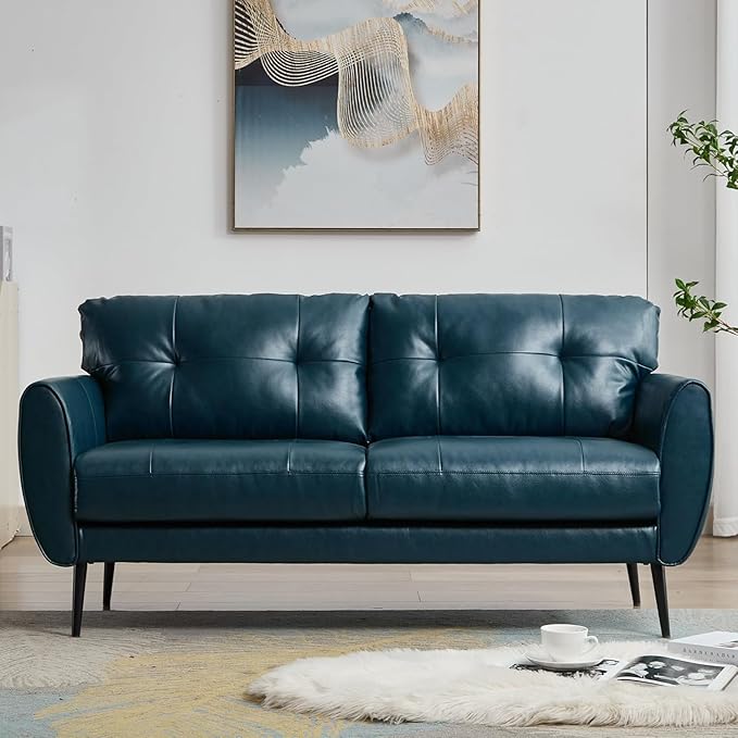TYBOATLE Sofa Couch 61" Small Loveseat Couches for Living Room Leather Couch Mid Century Modern Tufted Mini Sofa Comfy Office 2 Seat Settee Love Seat Small Couches for Bedroom (3, Blue)