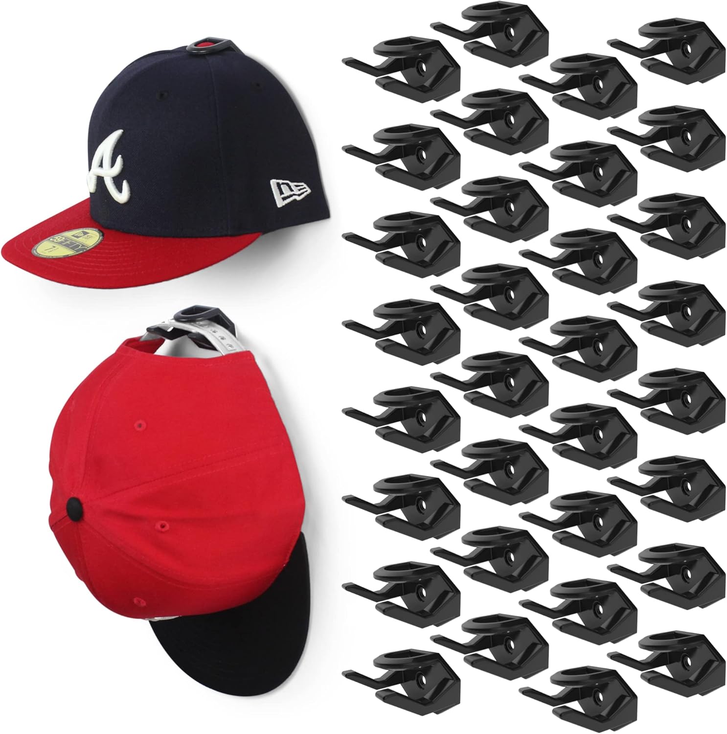 Modern JP Adhesive Hat Hooks for Wall (32-Pack) - Hat Rack for Baseball Caps, Minimalist Hat Display, Strong Hold Hat Hangers for Wall - USA Patented, Black