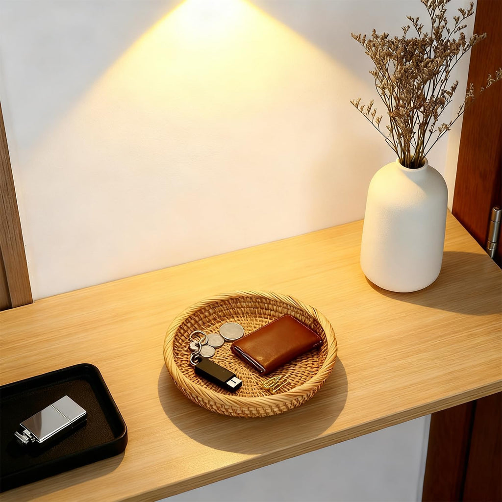 Handwoven Rattan Small Key Bowl - 7.6 Inch Round Catch All Tray for Keys,Coins, Wallet, Jewelry - Natural Wicker Organizer for Entryway, Desk, Nightstand
