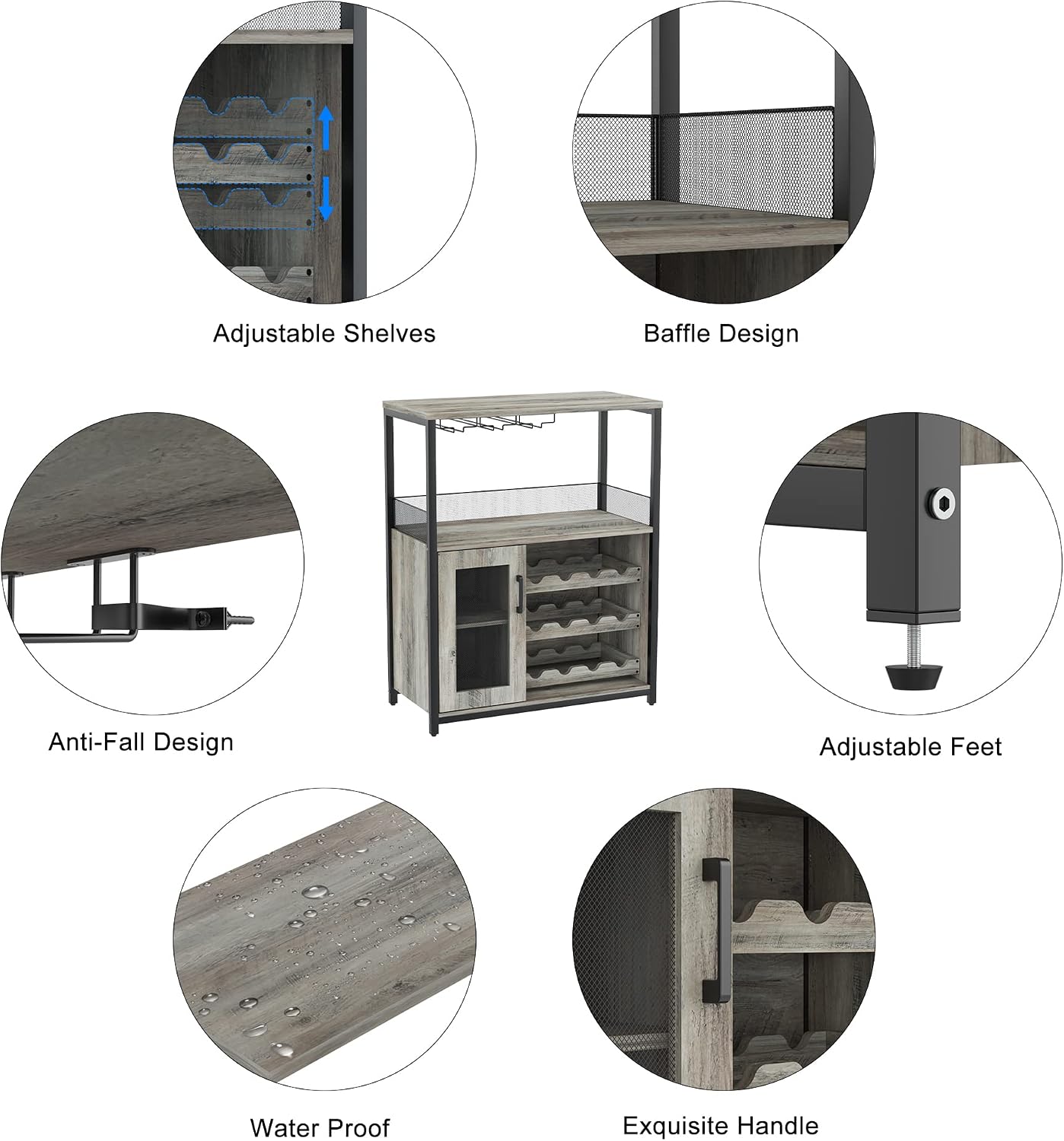 Bar Cabinet, Industrial Wine Cabinet with Removabl Glass Rack, Liquor Storage Cabinet with Adjustable Wine Rack, Home Bar with Mesh Doors and Baffle, Grey Without Light