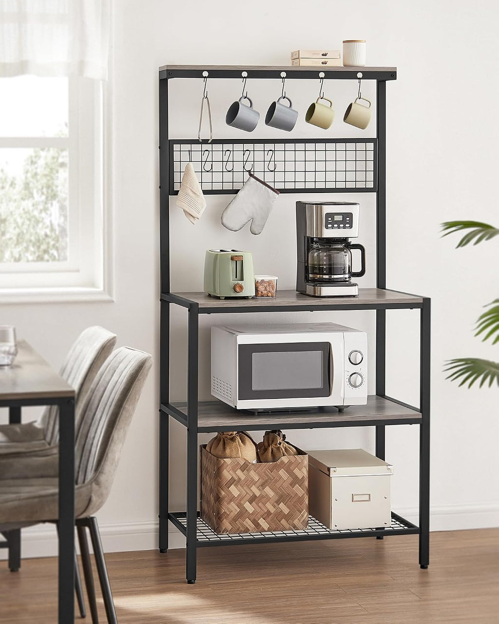 VASAGLE Bakers Rack, Coffee Bar, Kitchen Storage Shelf Rack with 10 Hooks, 3 Shelves, Adjustable Feet, for Microwave Oven, 15.7 x 33.1 x 66.9 Inches, Industrial, Greige and Black UKKS017B02