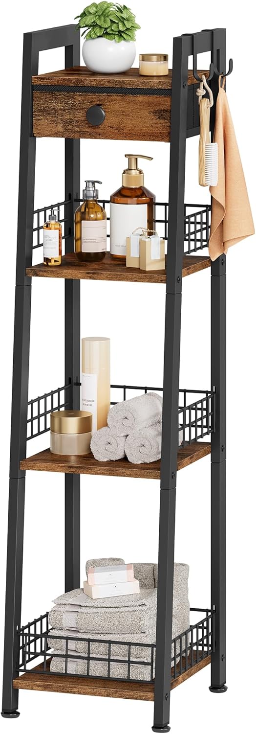Gewudraw 4-Tier Narrow Ladder Shelf with Drawer, Bathroom Table Stand for Sma...