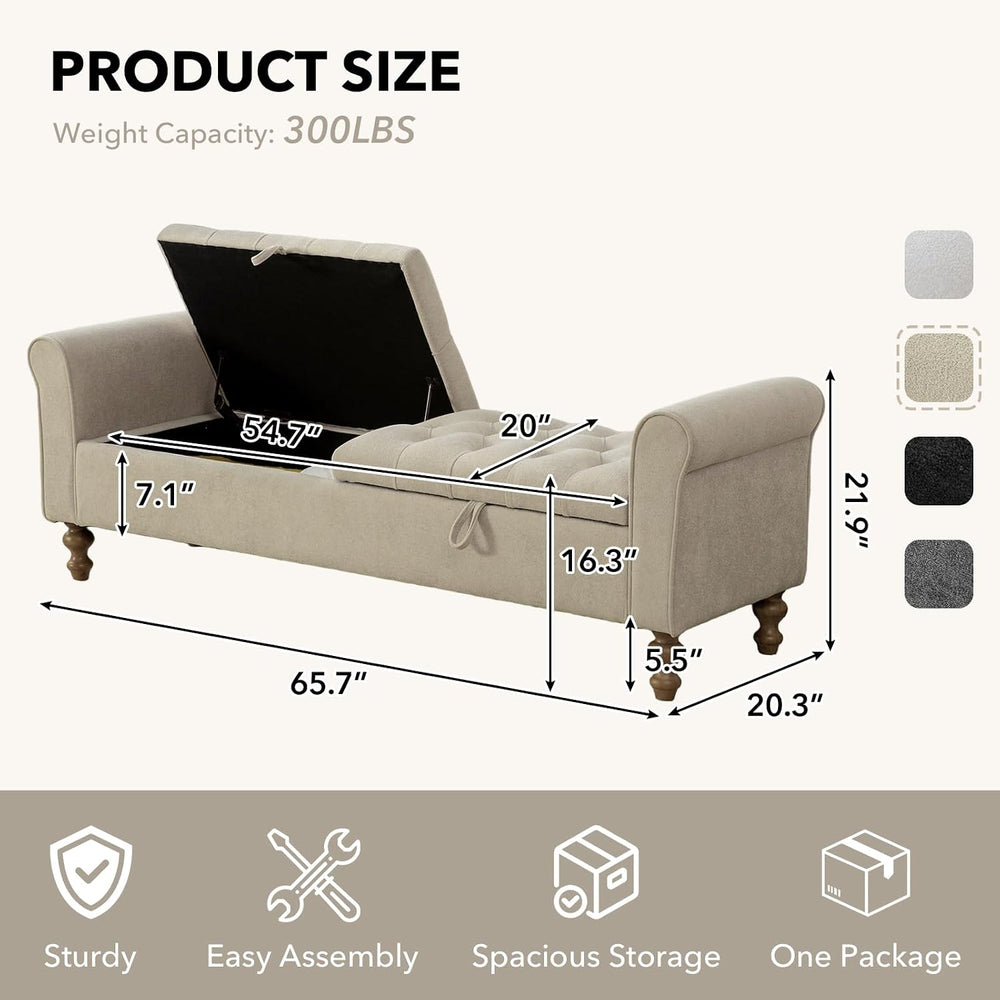 65" Oversize Storage Ottoman Bench, Fleece Upholstered End of Bed Benche...