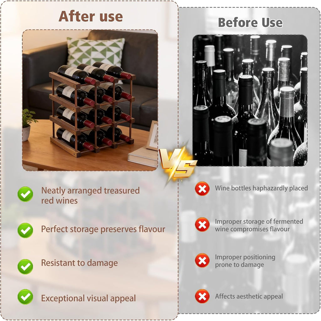 12 Bottle 4 Tiers Wooden Wine Rack for DIY Assembly, Great Gift | Stackable Modular Wine Rack, Wine Bottle Holder for Inside Cabinet Counter and Bar Organizer