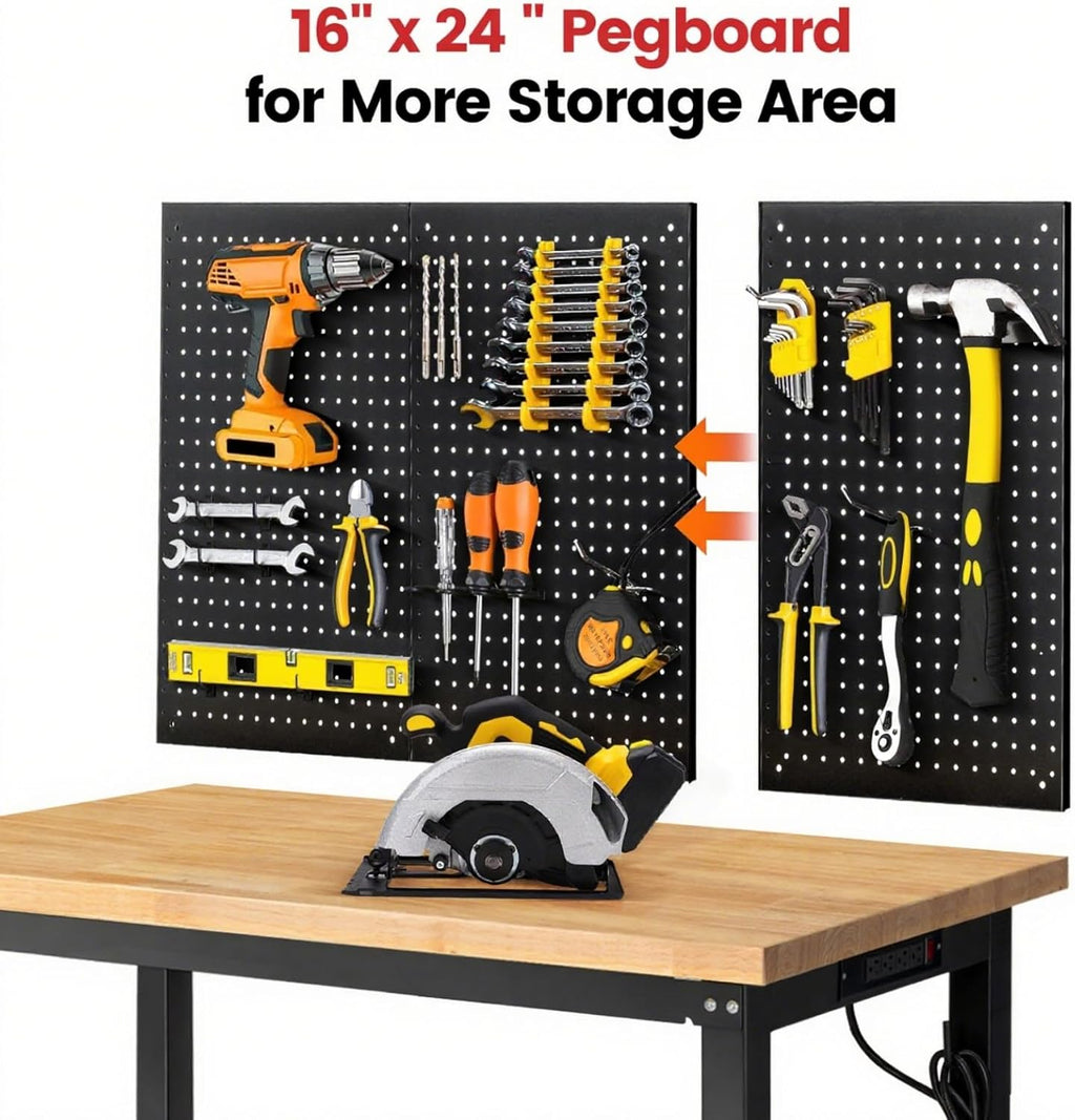 Workbench with Double Layers 48 x 20 Inch Heavy Duty Rubberwood Tabletop Work Table for Garage Adjustable Height Work Bench with Power Outlets Pegboard Pad for Woodworking Shop, Home, Office
