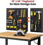 Workbench with Double Layers 48 x 20 Inch Heavy Duty Rubberwood Tabletop Work Table for Garage Adjustable Height Work Bench with Power Outlets Pegboard Pad for Woodworking Shop, Home, Office