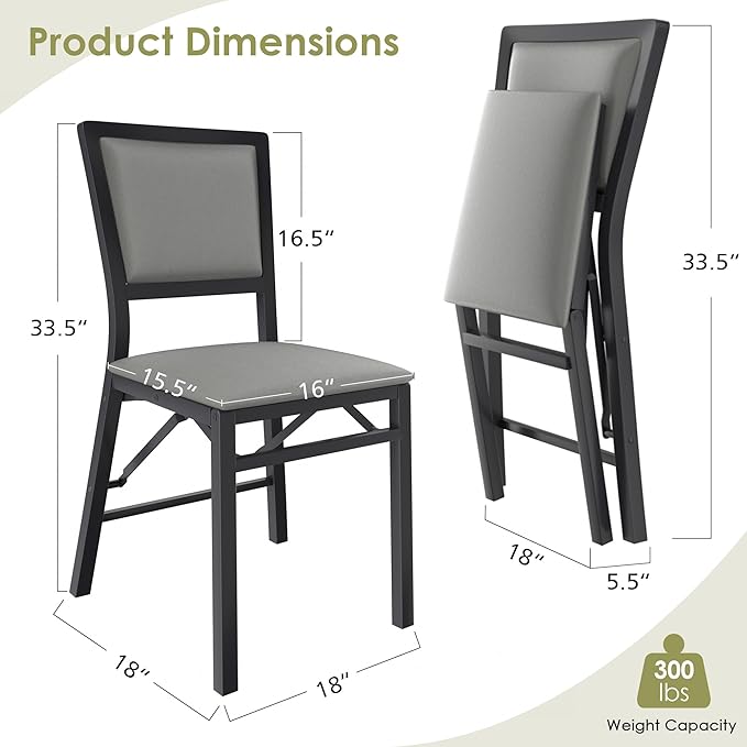 VECELO Folding Chairs Set of 2 with Cushion, Foldable Padded Seats with Heavy Duty Metal Frame for Kitchen/Dining/Living Room, No Assembly & Space Saving Design, Grey