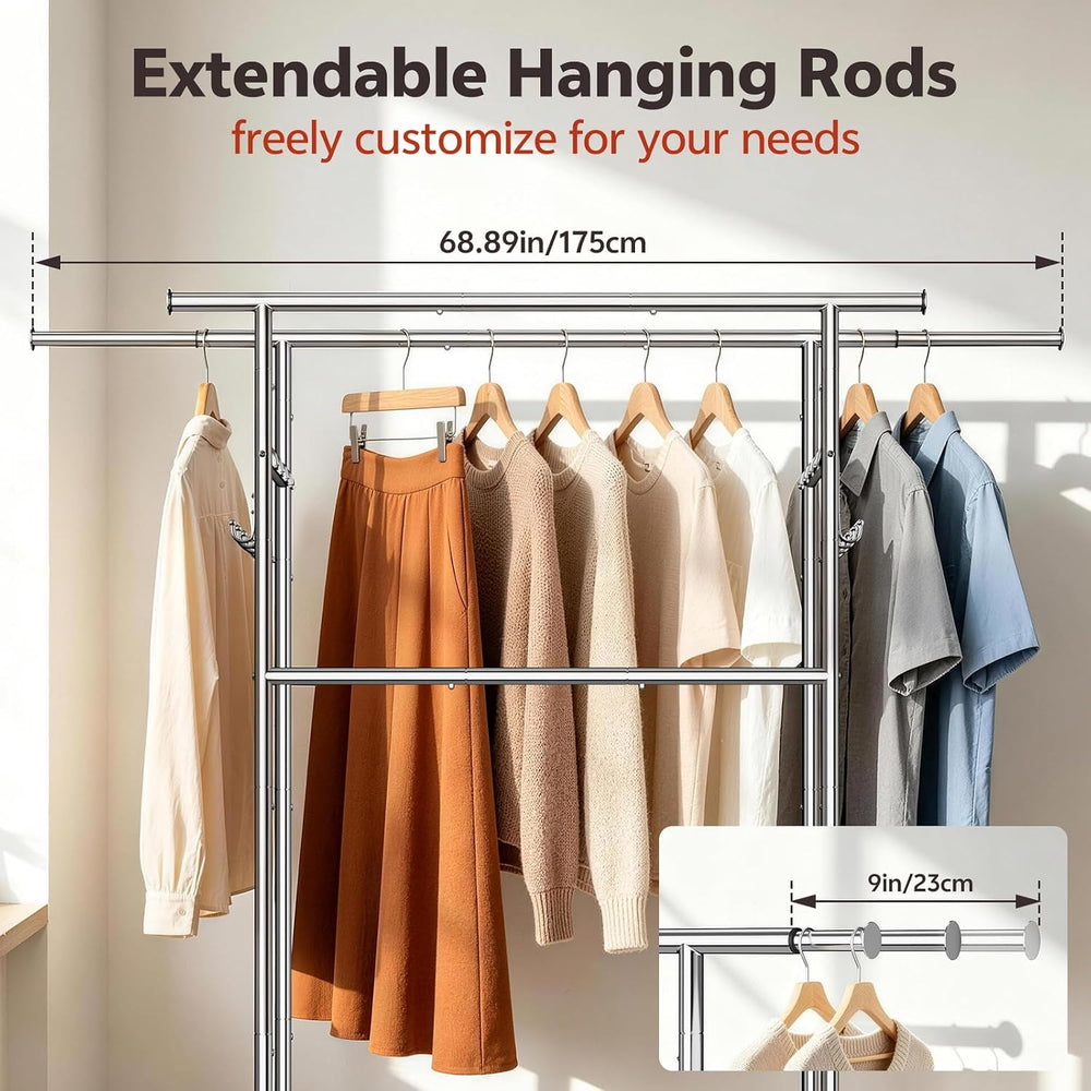 Heavy Duty Clothes Rack Load 550LBS, Rolling Clothing Rack Silver