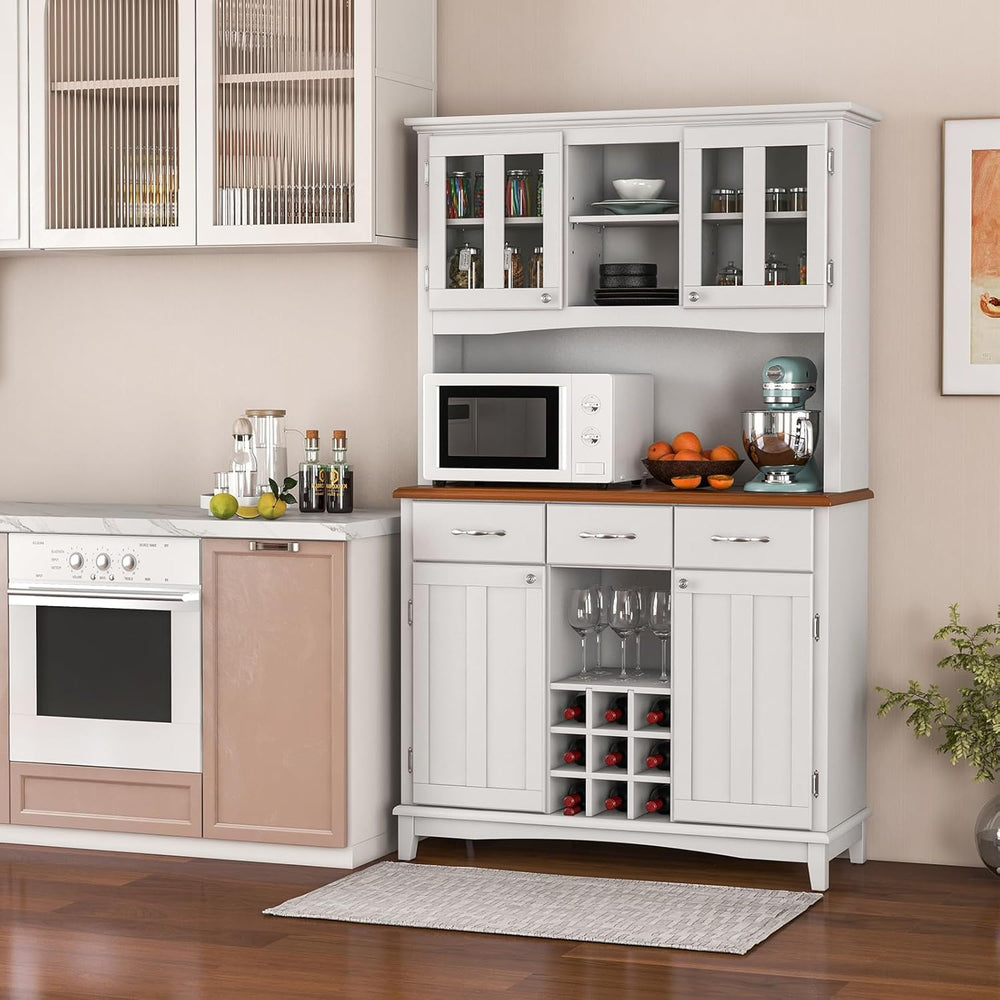 Moccha Kitchen Hutch with Storage, Farmhouse Buffet Cabinet Cupboard with Gla...