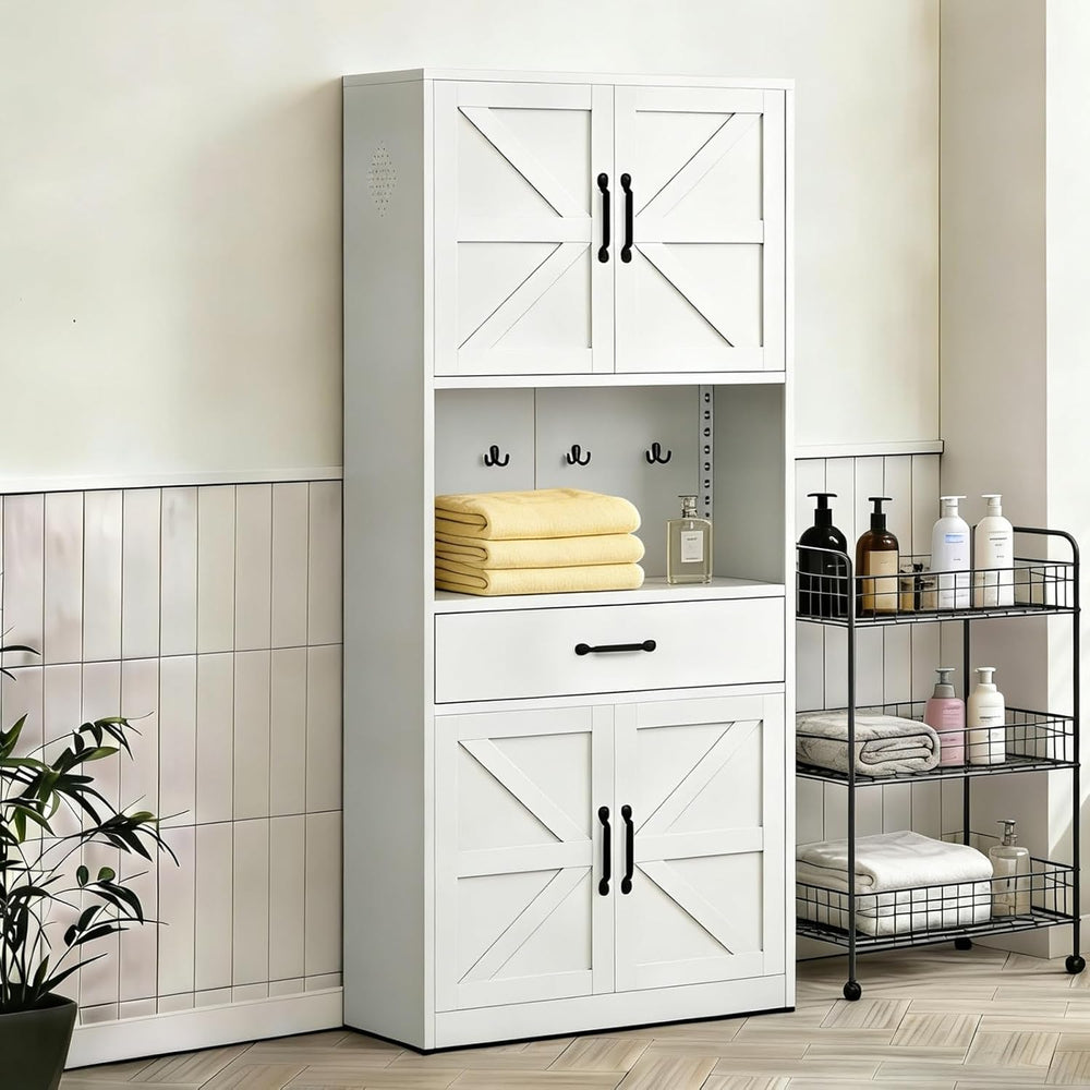 White Steel Kitchen Pantry Storage Cabinet with Large Countertop, Adjustable ...