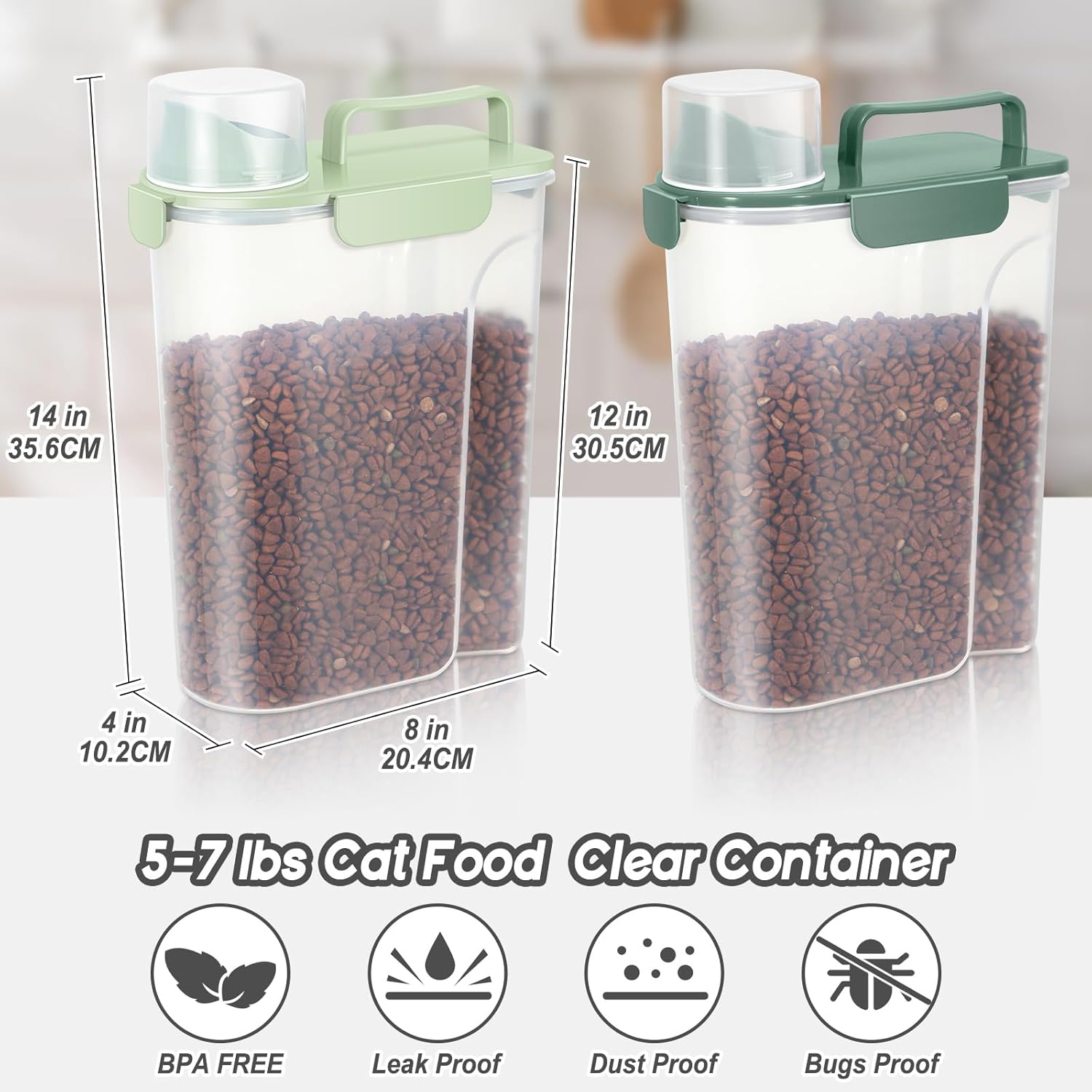 5-7Lbs Dog Cat Food Storage Container with Upgraded Large Nozzle BPA-free, 4 Snap Seals Plastic Pet Food Storage Containers with Handles (Green+Dark Green, 5L-2pack)