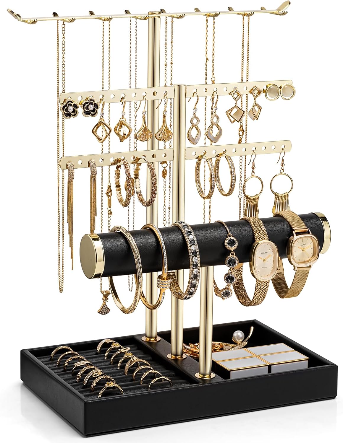 Vlando 3 Tier Jewelry Stand Organizer with Tary, Leather Jewelry Holder Display for Women, Gold Jewlery Holder Display for Necklace, Earring, Bracelet, Rings - Black