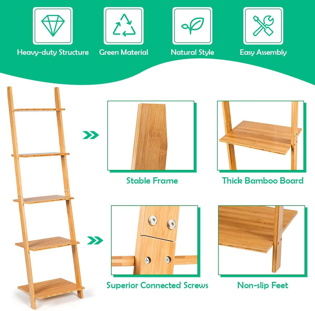 Tangkula Bamboo 5-Tier Ladder Shelf Bookshelf, Wall-Leaning Bookshelf, Plant Flower Stand, Storage Display Shelves for Living Room Bathroom Office, Multifunctional Ladder Bookcase (Natural)