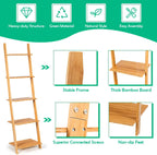 Tangkula Bamboo 5-Tier Ladder Shelf Bookshelf, Wall-Leaning Bookshelf, Plant Flower Stand, Storage Display Shelves for Living Room Bathroom Office, Multifunctional Ladder Bookcase (Natural)