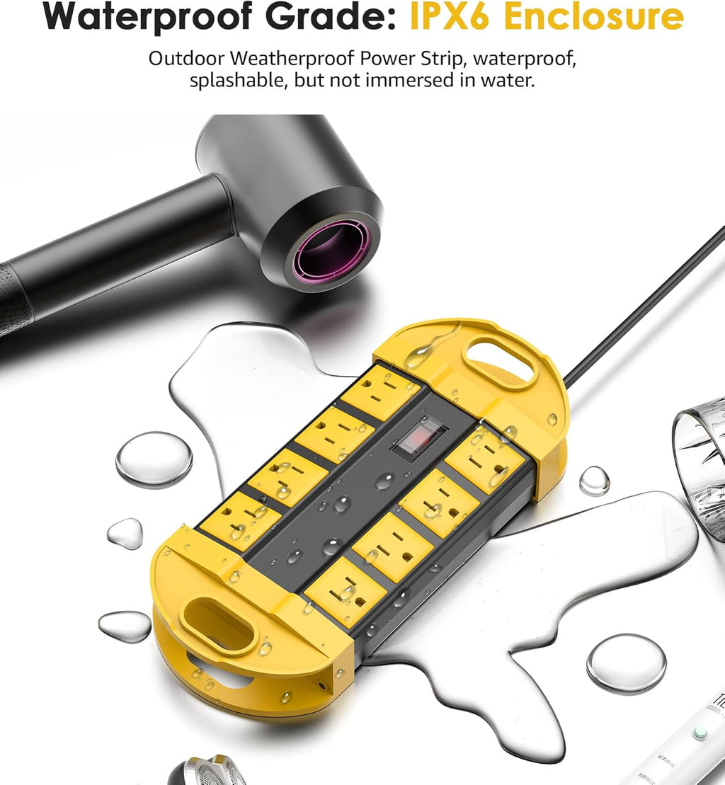 CCCEI GFCI Outdoor Power Strip Weatherproof with 8 AC, Waterproof Extension Cord with Multiple Outlets, Wall Mount Surge Protector Flat Plug, Christmas Exterior Garden, Yard, 15FT, Yellow.