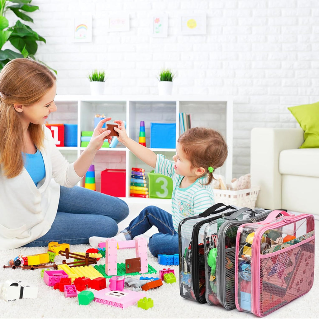 4 Pack Clear PVC Waterproof Toy Storage Bags with Name Tag Pockets - Zippered Organizer for 2x4 Building Blocks, Puzzles, Travel Toiletries, Kids Room Organization (Black, Small)