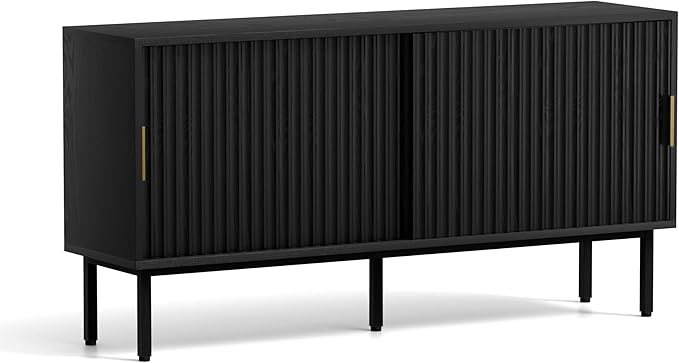 TV Stand for Living Room Farmhouse Entertainment Center with Fluted Sliding Doors TV Console Cabinet with Adjustable Shelf and Storage Media Console, Black