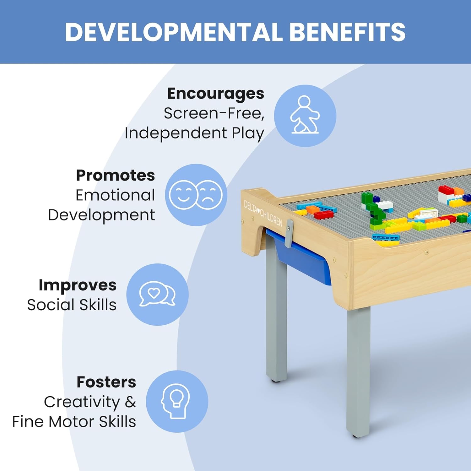 Delta Children Play N Store Building Bricks Play Table with 100+ Play Bricks Included - Large Brick Plate Compatible with LEGO, MegaBlocks & More - Legs Fold for Easy Under Bed Storage, Grey