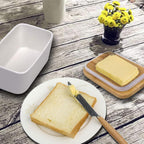 Butter Dish with Lid, LARGE 650ml Porcelain Keeper with Bamboo Lid Cover for 2 Sticks of Butter, Microwave Safe Easy Clean Butter Storage Container for Countertop and Refrigerator (White)