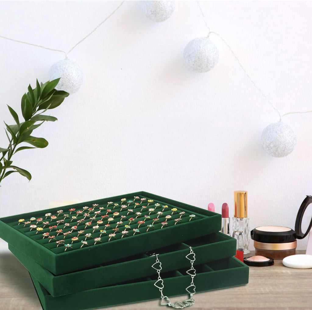 Rocutus Jewelry Trays,3 Pack Stackable Velvet Jewelry Organizer Tray Drawer Jewelry Storage Tray,Divided Ring Organizer Tray for Earrings, Necklaces, Bracelets,13.8"x9.5"x1.2" (Dark Green)