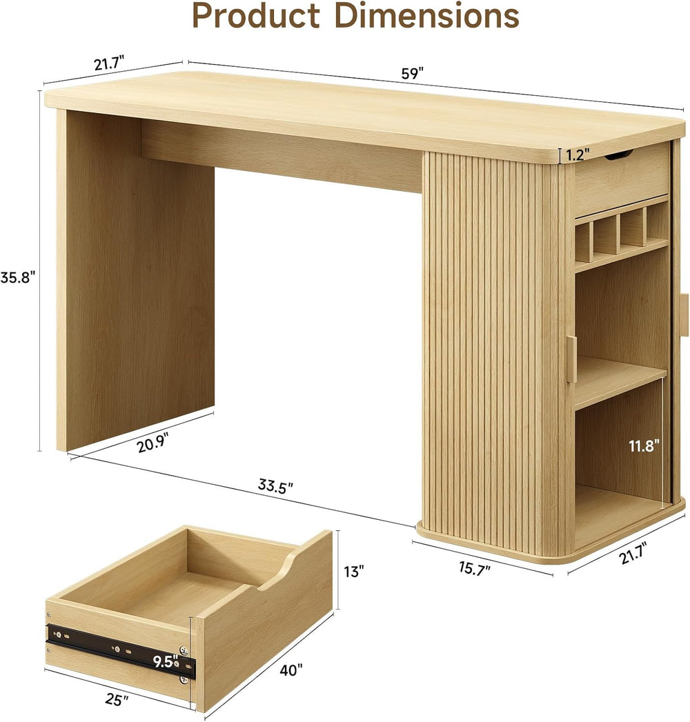 ONBRILL 59 Inch Fluted Kitchen Island with Storage Oak
