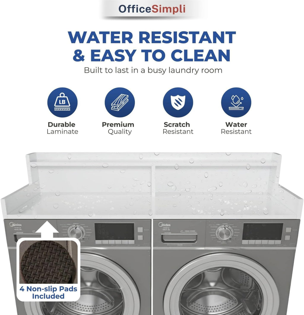 OfficeSimpli Washer Dryer Countertop with Shelf - 27.5 x 54 Inch - Made in USA Laundry Countertop Over Washer and Dryer with Non-Slip Pads, Storage Shelf, Laundry Topper Organizer, Gracier White