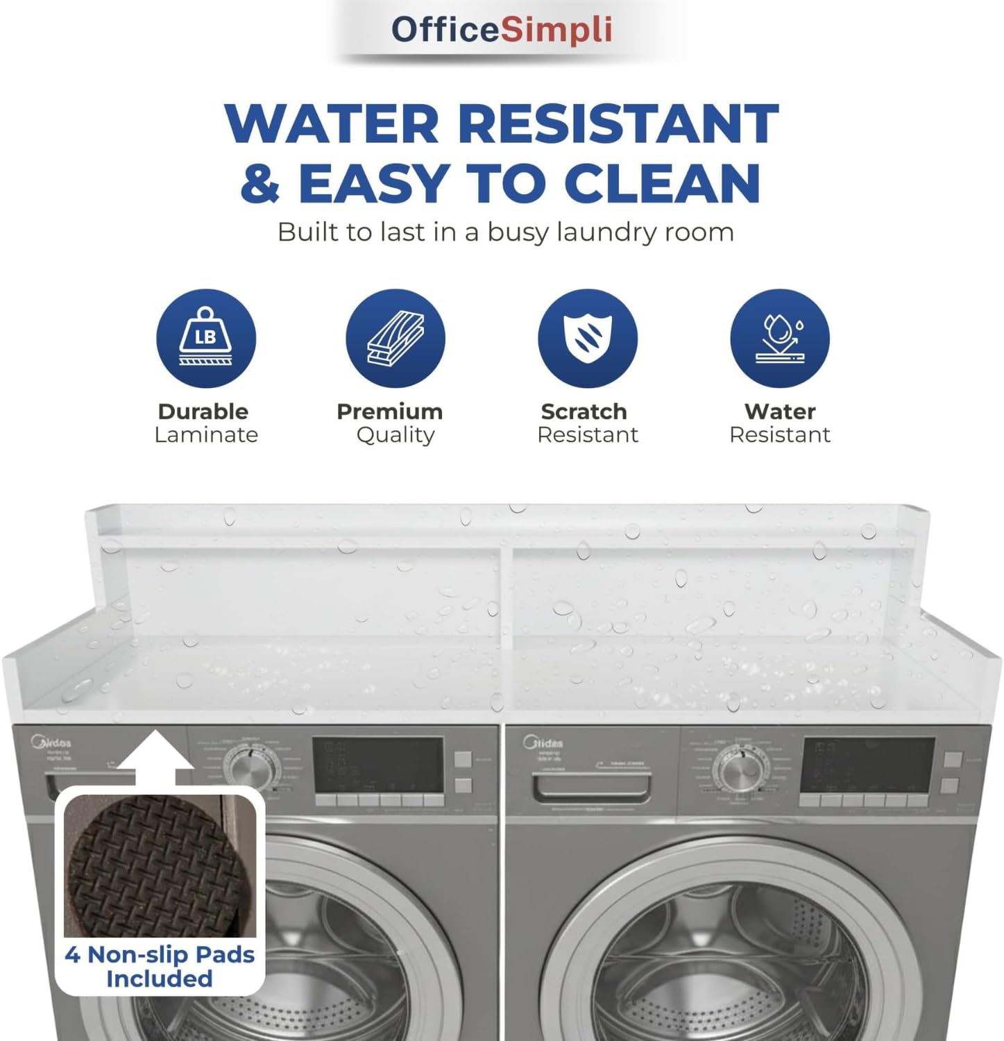 OfficeSimpli Washer Dryer Countertop with Shelf - 27.5 x 54 Inch - Made in USA Laundry Countertop Over Washer and Dryer with Non-Slip Pads, Storage Shelf, Laundry Topper Organizer, Gracier White
