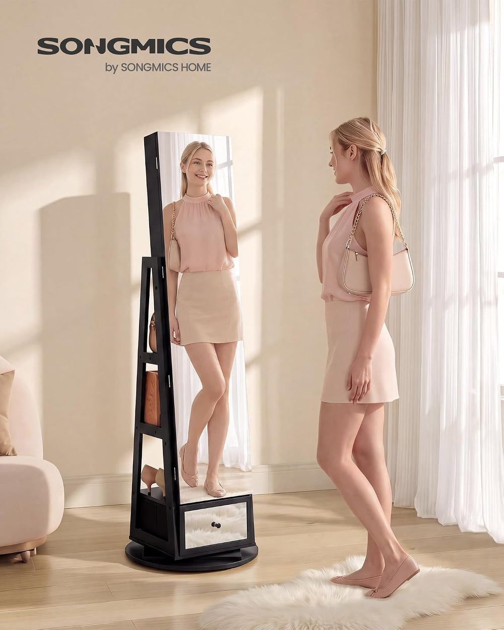 SONGMICS LED Jewelry Organizer, Full Length Mirror with Storage, Rotating