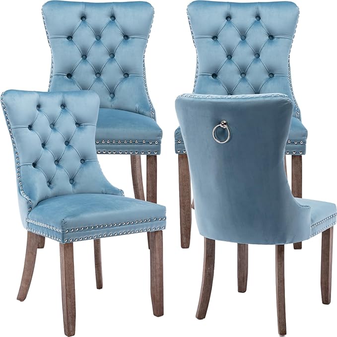 Modern Dining Chairs Set of 4, Tufted Upholstered Dining Chair with Solid Wood Legs, Light Blue Velvet Accent Chair, Sillas de Comedor, 4 Dining Chairs (Light Blue, Velvet, 4Pcs)
