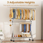 Double Rods Clothing Rack, Heavy Duty Clothes Rack for Hanging Clothes Load 560LBS, Metal Rolling Garment Racks with Wheels, Freestanding Clothes Hanging Racks, Silver