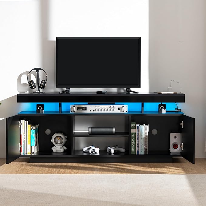 HOMMPA LED TV Stand for 65/60/55 inch TV Modern Entertainment Center with Power Outlets, Gaming TV Consoles with Storage Media Table with LED Lights Game Cabinet for Living Room Black