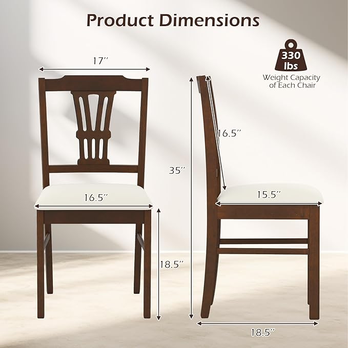 Giantex Wooden Dining Chairs Set of 4, Upholstered Kitchen Chairs with Solid Rubber Wood Frame, Hollowed Backrest & Soft Padded Seat, Armless Dining Chairs for Kitchen, Dining Room, Brown & Beige